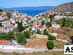 Land with panoramic view at the island of Hydra, Greece