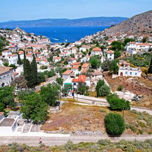 Land with panoramic view at the island of Hydra, Greece