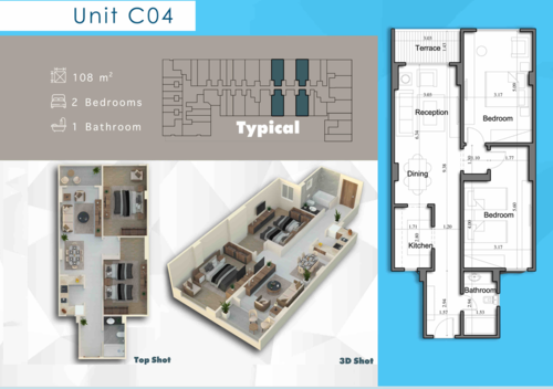108 sqm ,2 Bedroom